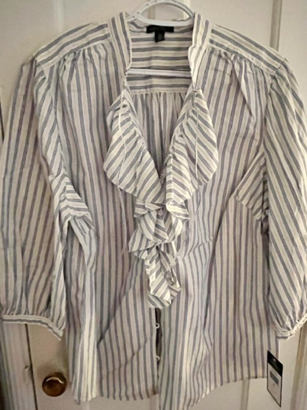 VINTAGE LRL LAUREN JEANS CO. BLUE & WHITE STRIPED RUFFLED JABOT BLOUSE, 2X, NWT - Picture 4 of 4